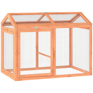 Kippenren met zitstok en dubbele deuren | Kleur: Oranje | Afmetingen: 70,5x104x84 cm