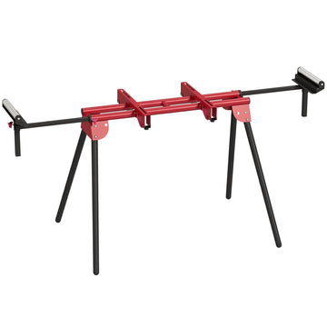 Universele afkortzaagstandaard met rollen en steunarmen | Kleur: Rood | Afmetingen: 63x94x76 cm