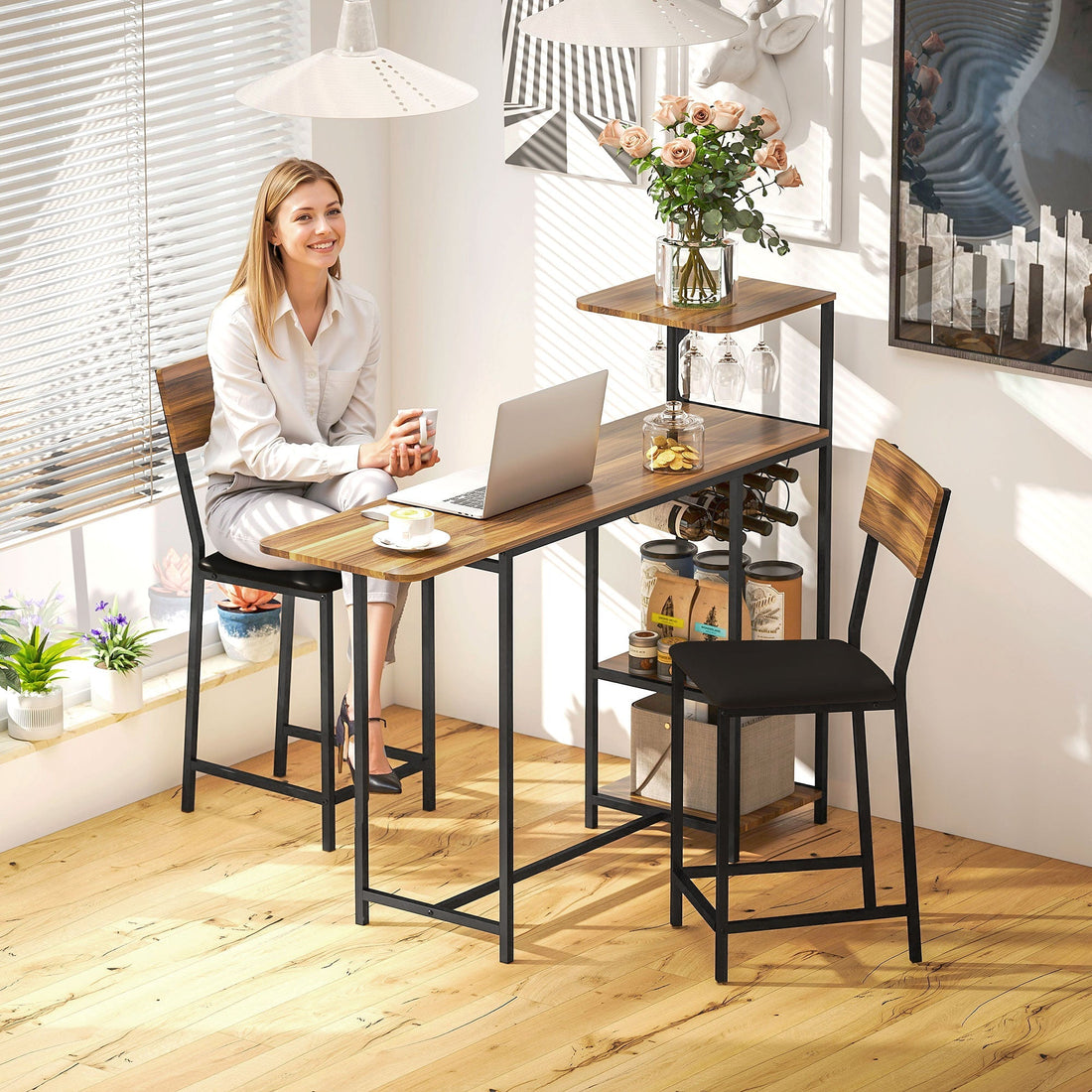 3-delige barset met wijnrek | Kleur: Bruin, zwart | Afmetingen: 40x41x59 cm