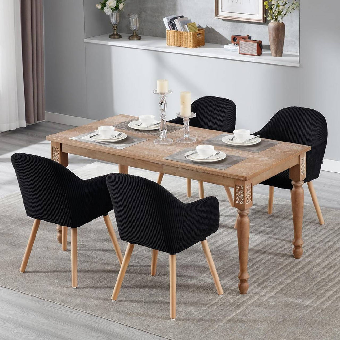 Matstol med armstöd i ribbat tyg 2-pack | Svart | 55,5x56,5x83,5 cm