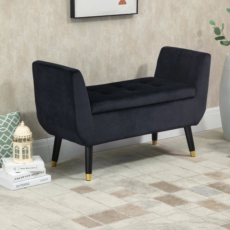 Opbergbankje met fluwelen bekleding en opbergruimte | Kleur: Zwart | Afmetingen: 107x42x65 cm