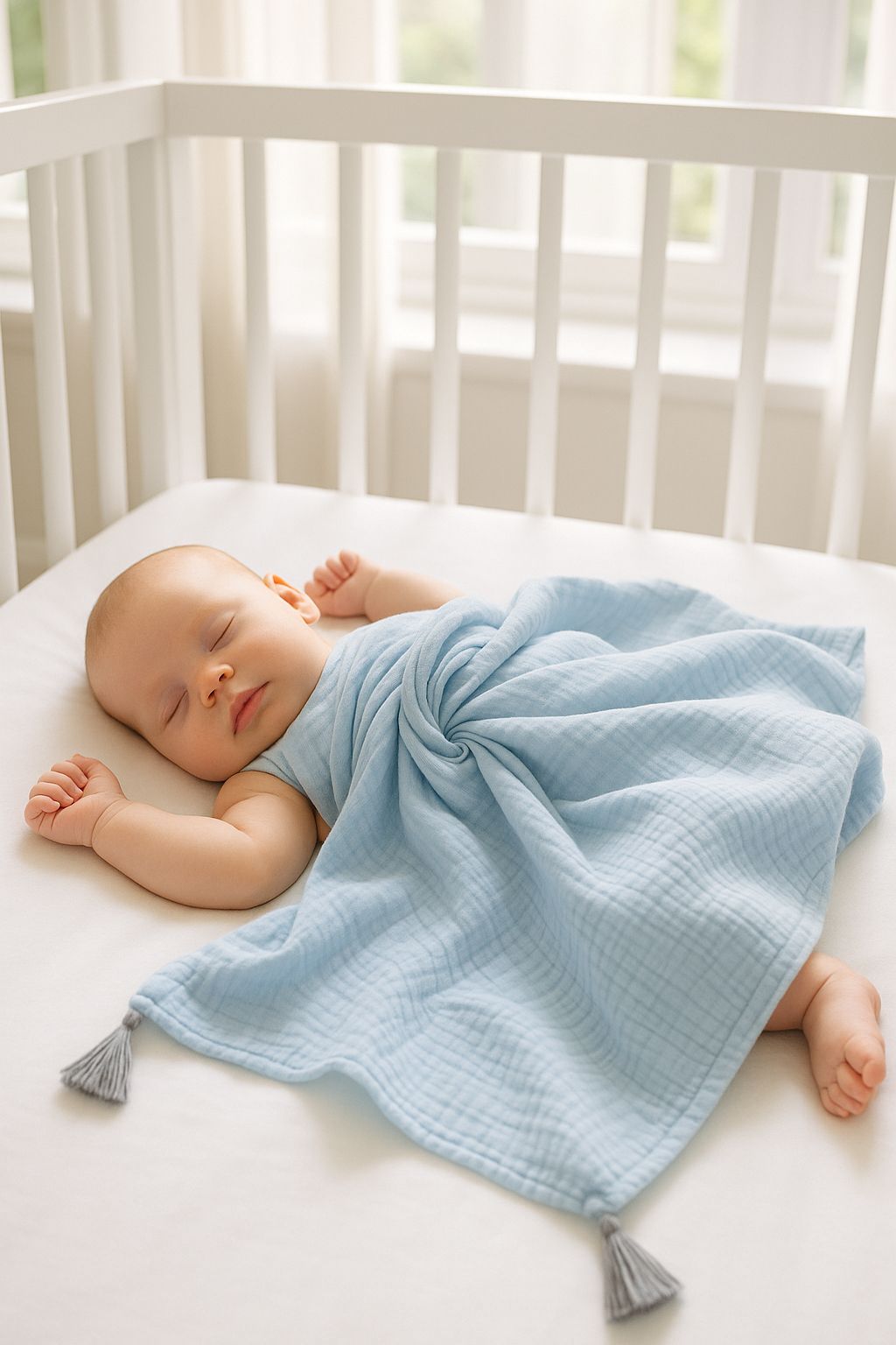 Muslinfilt, bärsjal, andningsbar och mjuk – dubbel gasbinda med tofsar