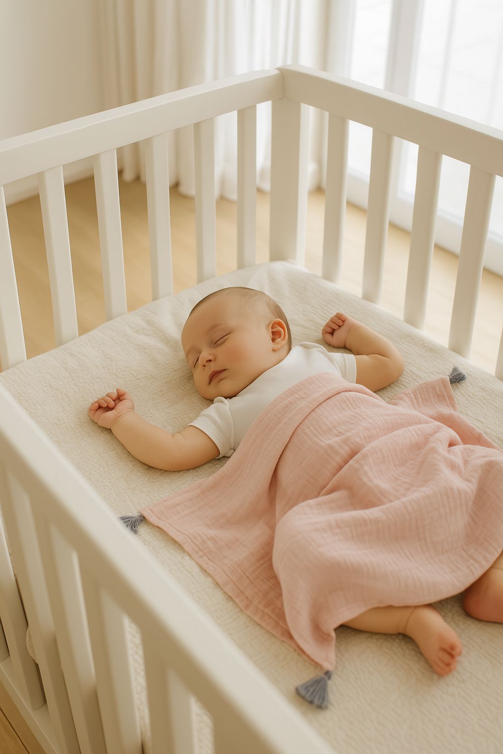 Mousseline babydeken - kinderdeken - ademend & zacht katoen, pastelroze met kwastjes