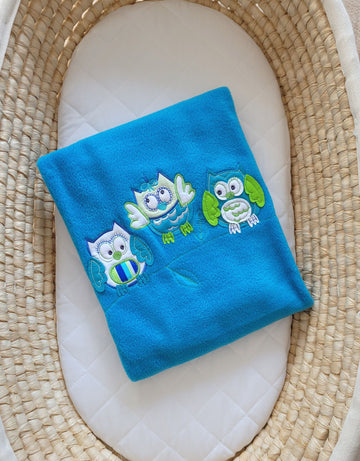 Babydeken, fleece deken, extra zacht en warm - turquoise - uilenmotief - 70x100 cm