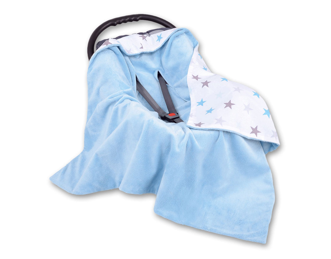Stor dubbelsidig bilbarnstolsfilt – babyfilt – extra varm och mjuk – gråblå stjärnor