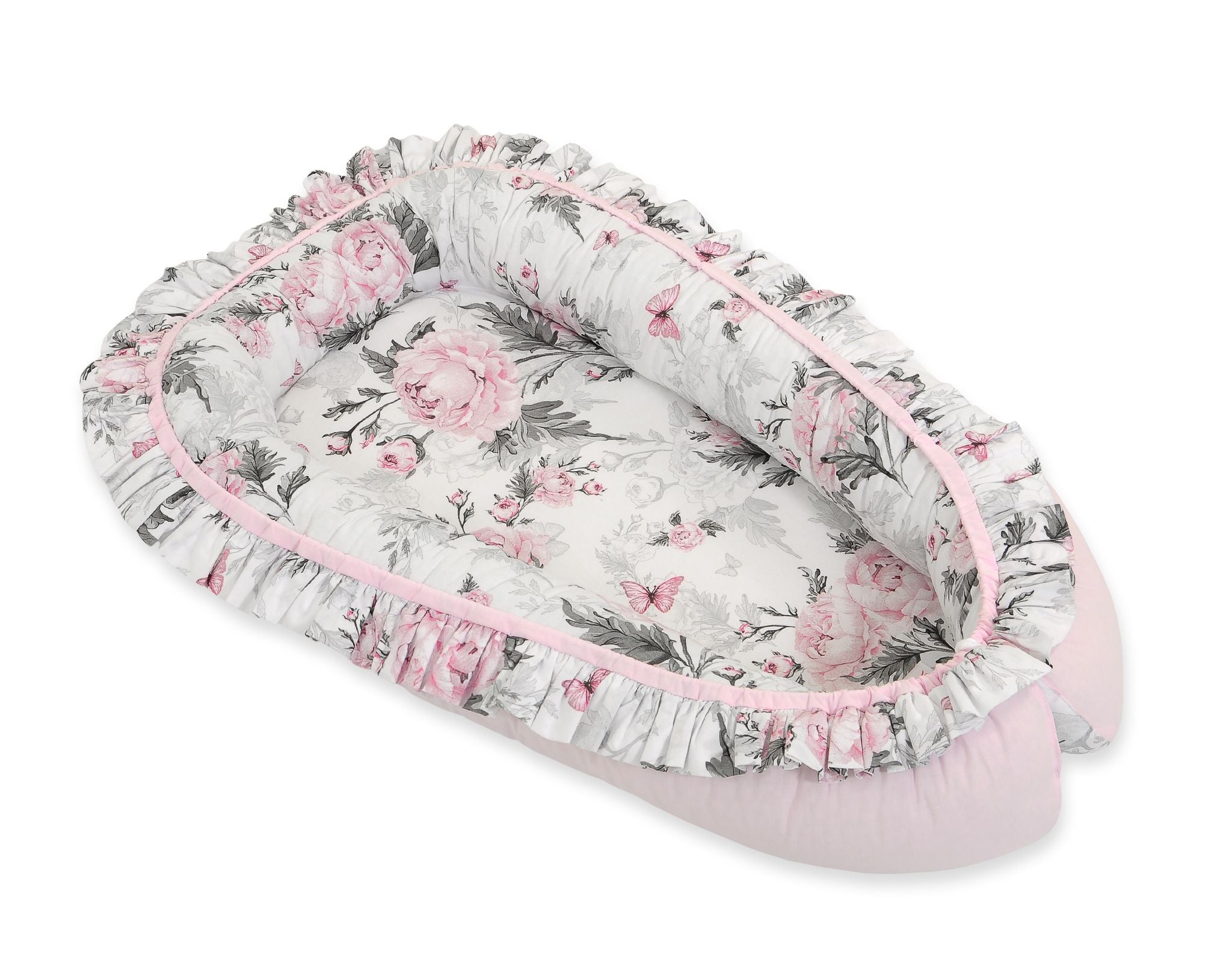 Baby nest, cocoon, verstelbaar comfort – Oeko-Tex katoen – Romantische pioenrozen print