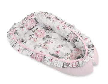 Baby nest, cocoon, verstelbaar comfort – Oeko-Tex katoen – Romantische pioenrozen print