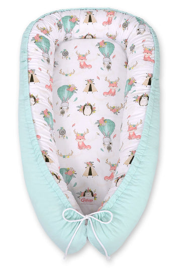 Baby nest, cocon, dubbellaags en omkeerbaar - geborgenheid voor baby's - BOBONO Vosjes Beige/Mint