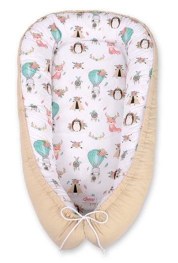 Baby nest, cocon, veilig & verstelbaar comfort - BOBONO - dubbelzijdig - vosjes beige/beige
