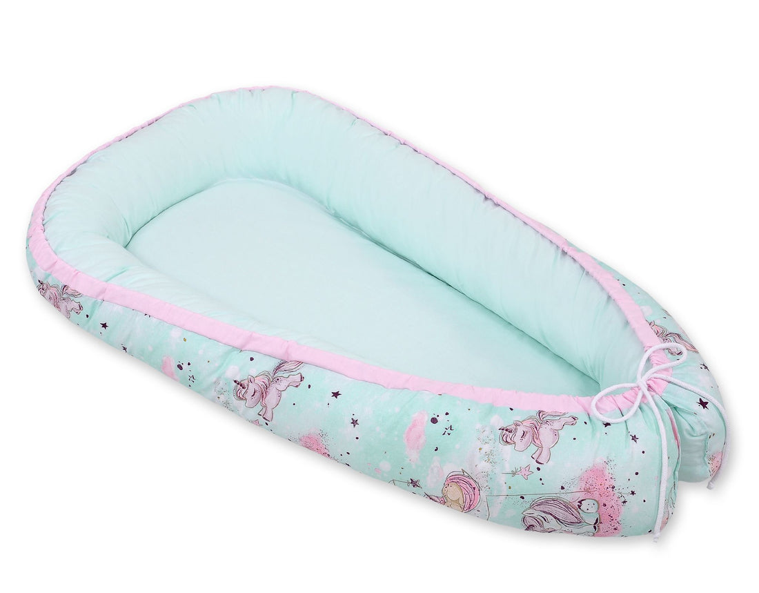 Baby nest, cocoon, optimale veiligheid en comfort voor baby's – Dubbelzijdig – Unicorn Mint/Mint