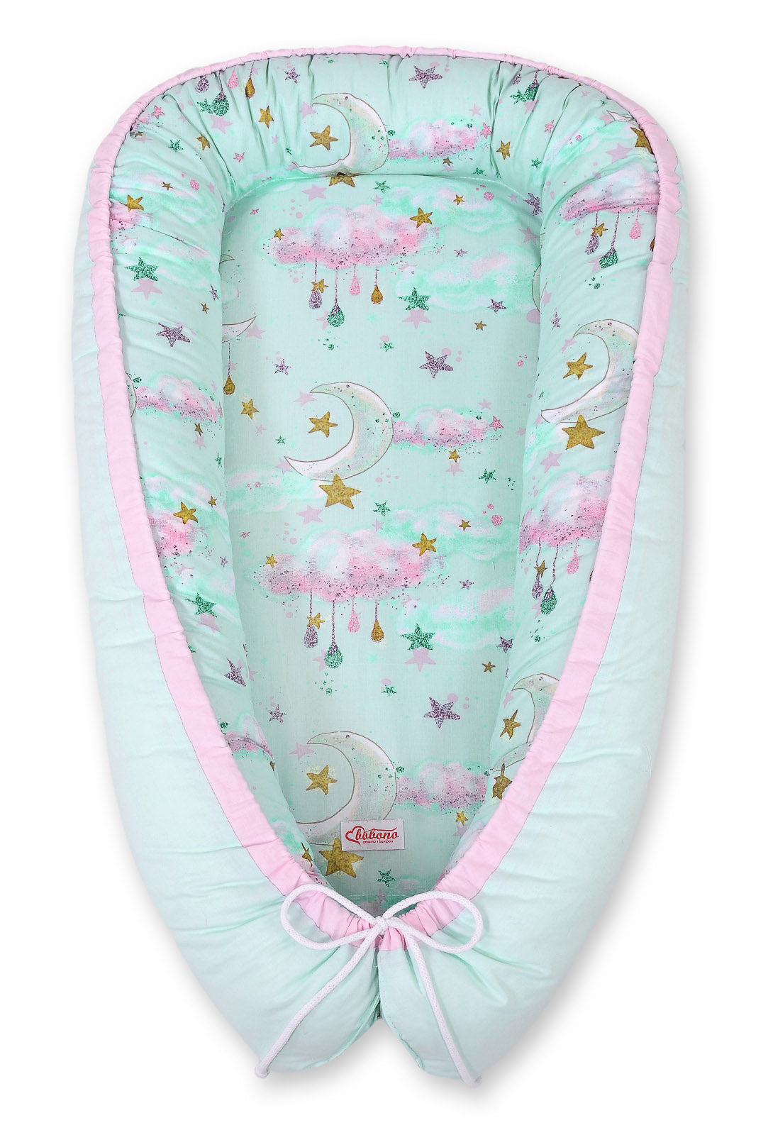 Baby nest, cocoon, verstelbaar en dubbelzijdig – Oekotex katoen – BOBONO Moons Mint