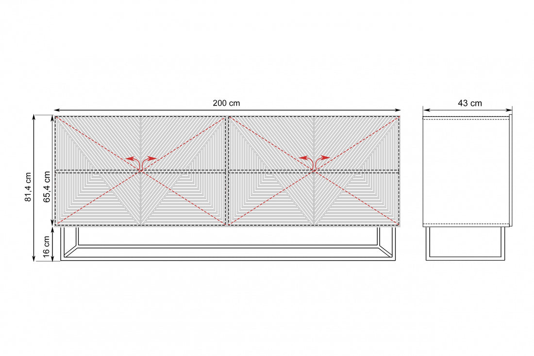 Asha ladekast 200 cm - 4-deurs op metalen frame | Artisan eiken / Rivier stone / Zwart mat