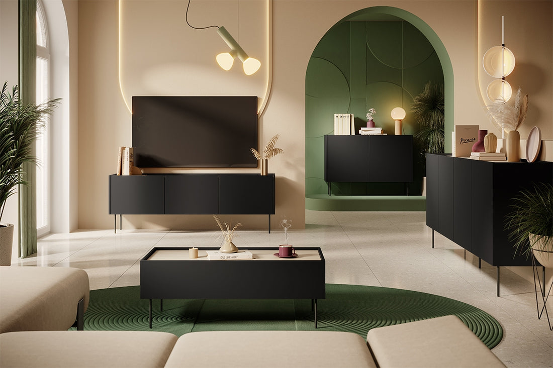 Desin ladekast 220 cm - Mat zwart met Nagano eik, verborgen lades, soft-close | Kleur: Mat zwart /