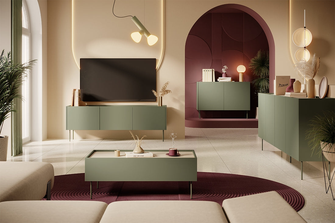 Desin ladekast 220 cm met verborgen lades en metalen poten | Kleur: Olijf/Nagano Eik