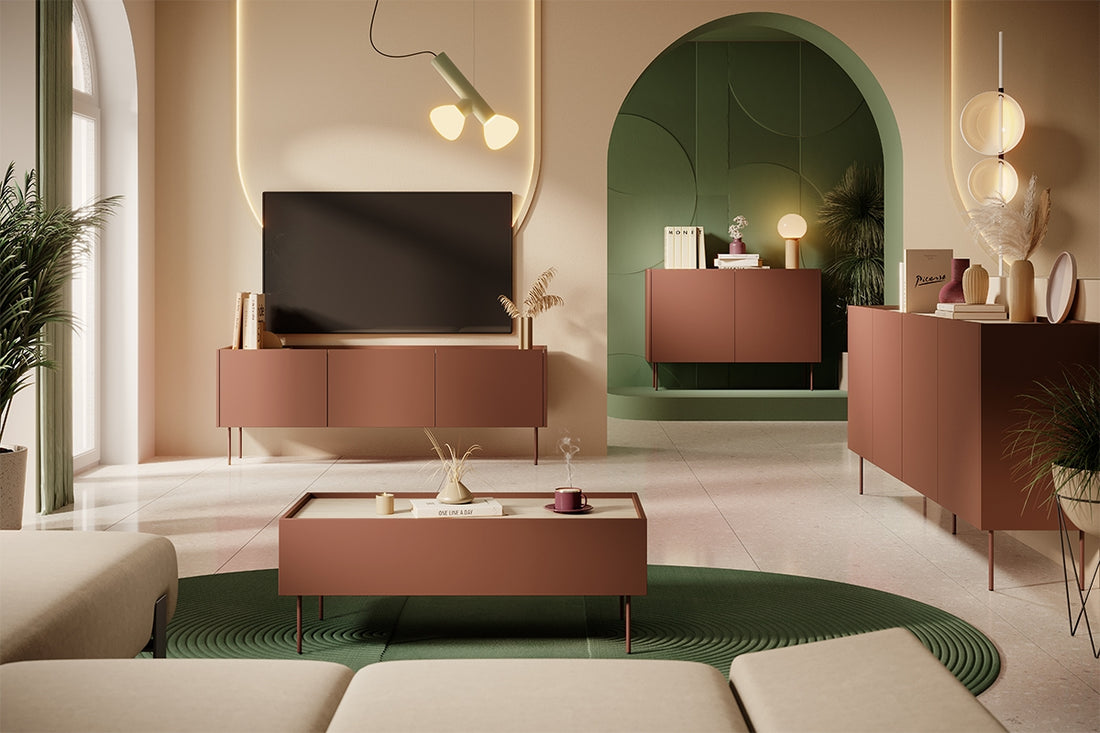 Desin ladekast 220 cm met 4 verborgen lades - keramiek rood & nagano eik | Kleur: Rood