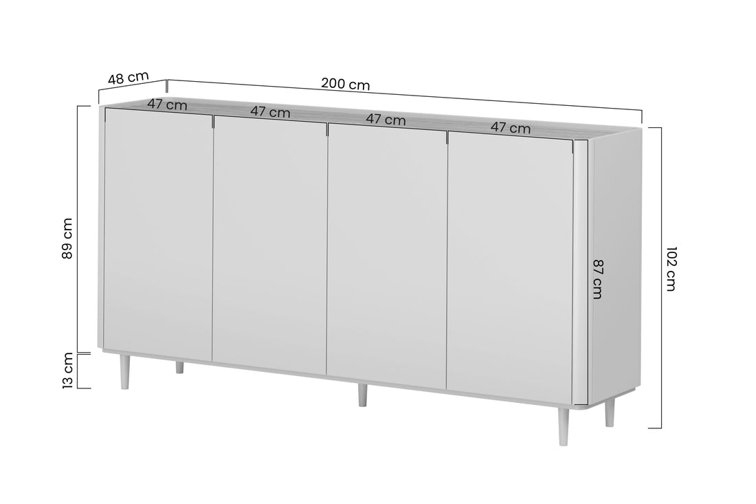 Elivo ladekast 200 cm met 4 deuren - Kasjmier mat | Geolied eikenhout | 200x102x48 cm