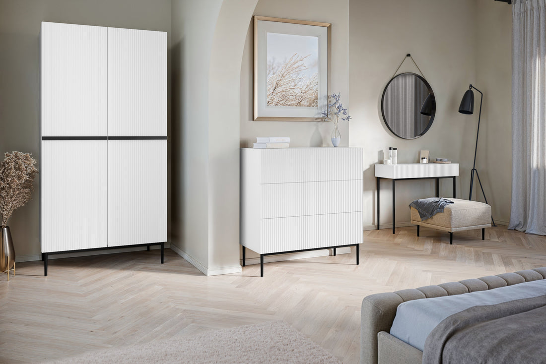 Nicole ladekast 3-laden met push-to-open - Mat wit front | Zwarte poten | 100x105x45 cm