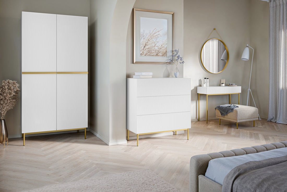 Nicole ladekast 3 lades - Mat wit met gouden poten | 100x105x45 cm