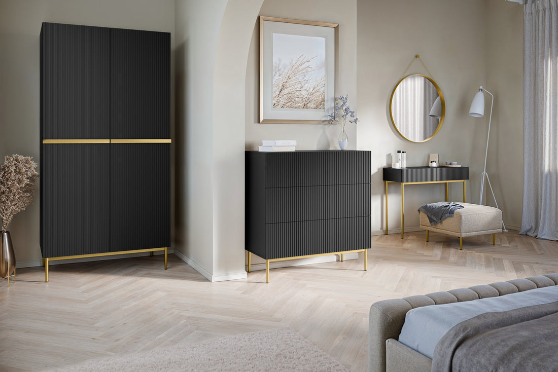 Nicole ladekast 3 lades met soft-close - Mat zwart, gouden poten | 100x105x45 cm
