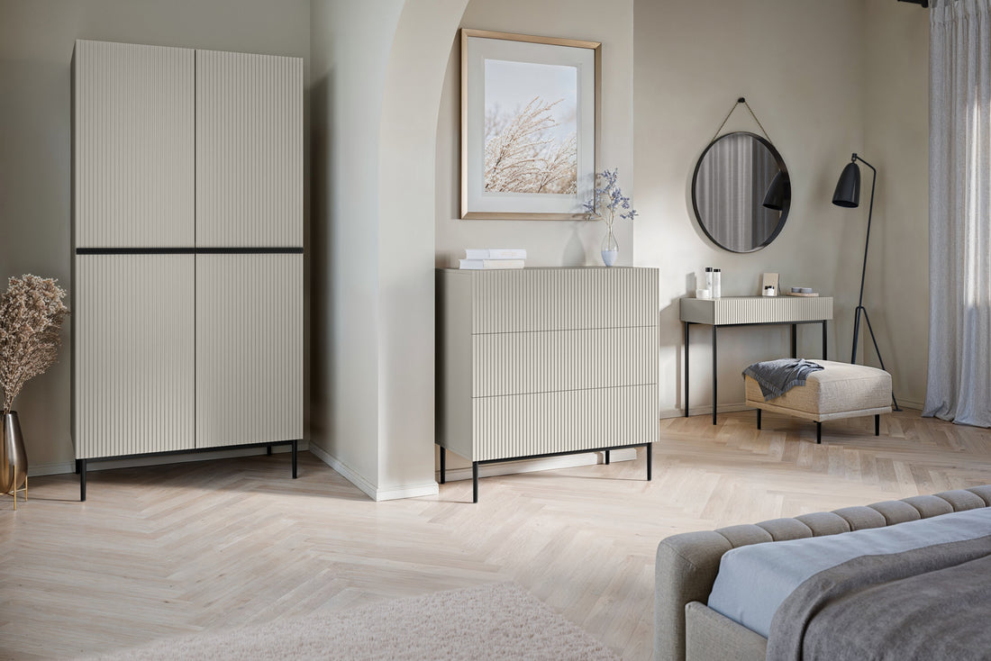 Nicole ladekast 3 lades - Kasjmier geribbeld MDF | Kleur: Kasjmier/zwart | Maat: 100x105x45 cm