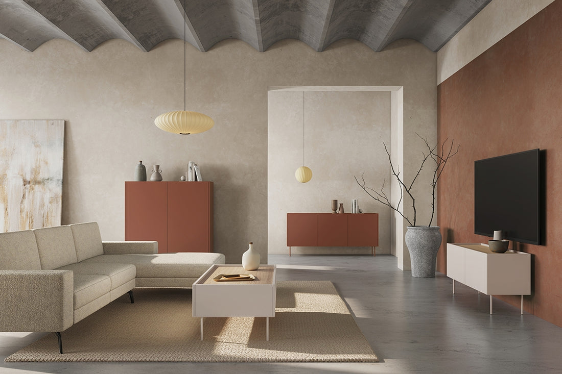 Design ladekast met 2 verborgen lades & metalen poten - Keramiek Rood | Nagano Eik | 170x85x40 cm