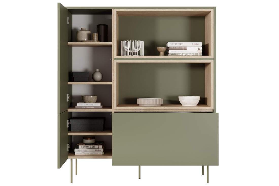 Desin hoge ladekast 120 cm – Mat olijfgroen en Nagano eik | Kleur: Olijfgroen/Nagano Eik