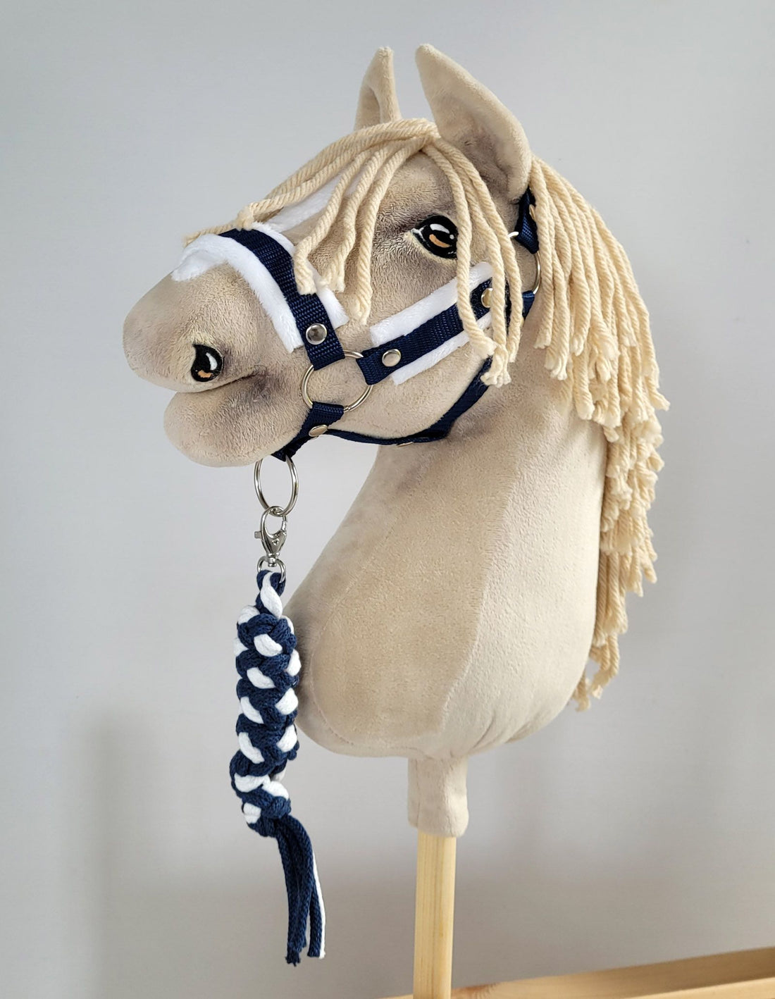 Teugel voor Hobby Horse - paardenhalster - hypoallergeen en comfortabel - wit/donkerblauw