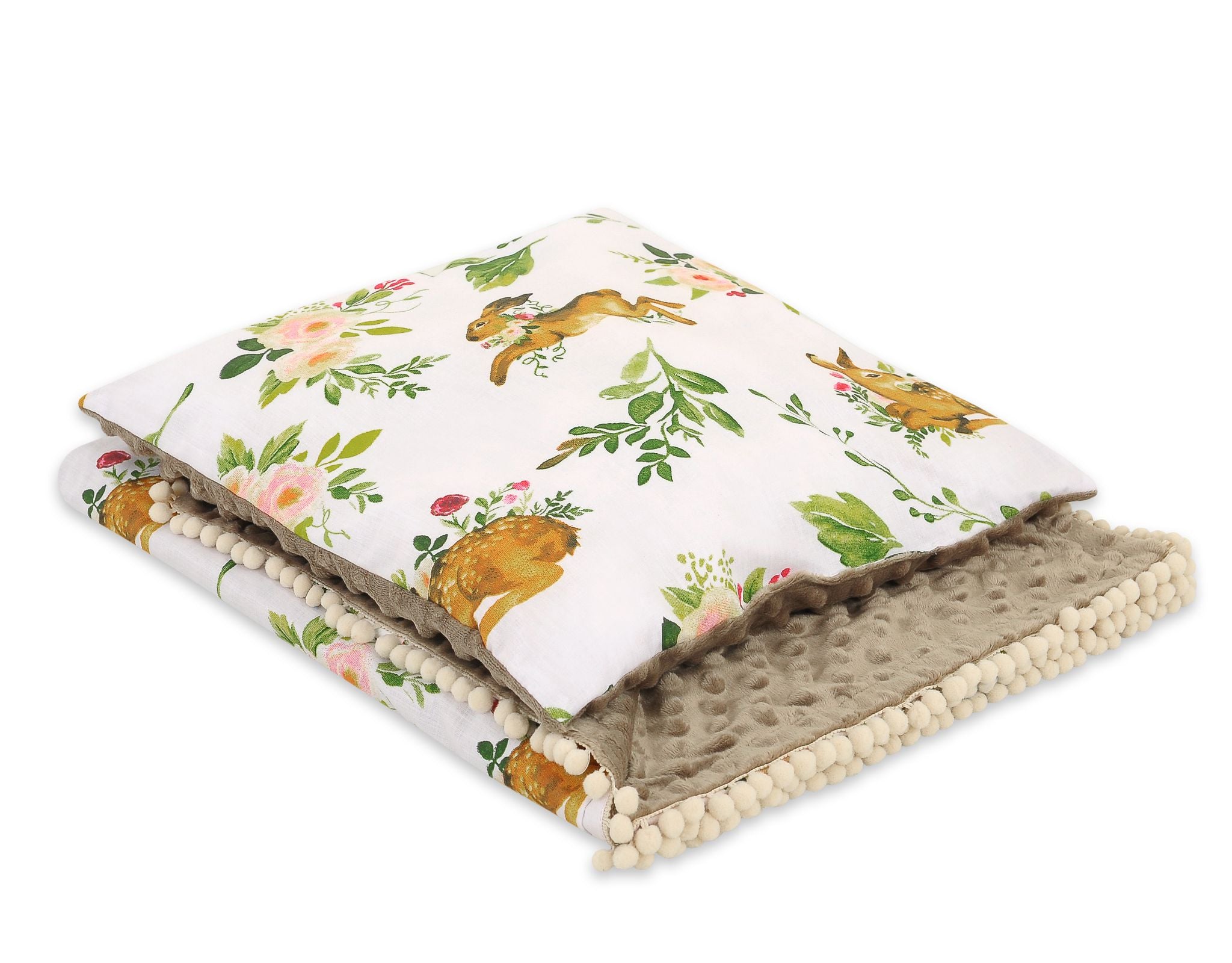 Babyset: dubbelzijdige minky deken + kussen - warm & zacht - babydeken met pompoms