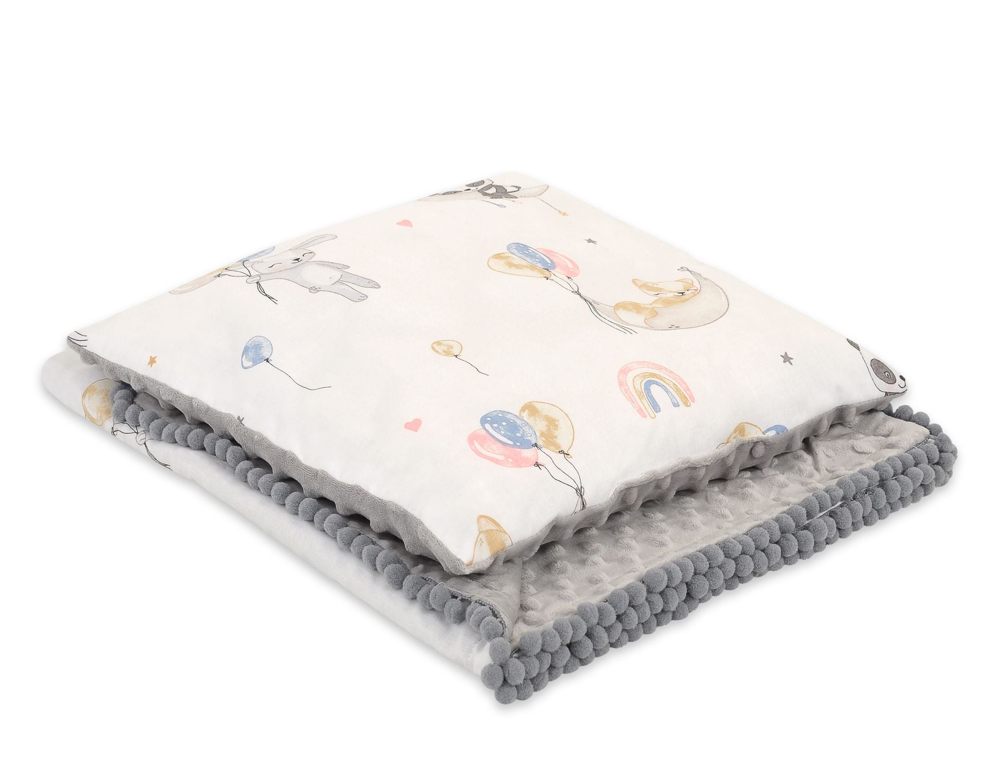 Dubbelsidig minkyfilt + kudde - babypläd - extra mjuk och varm, med pompoms