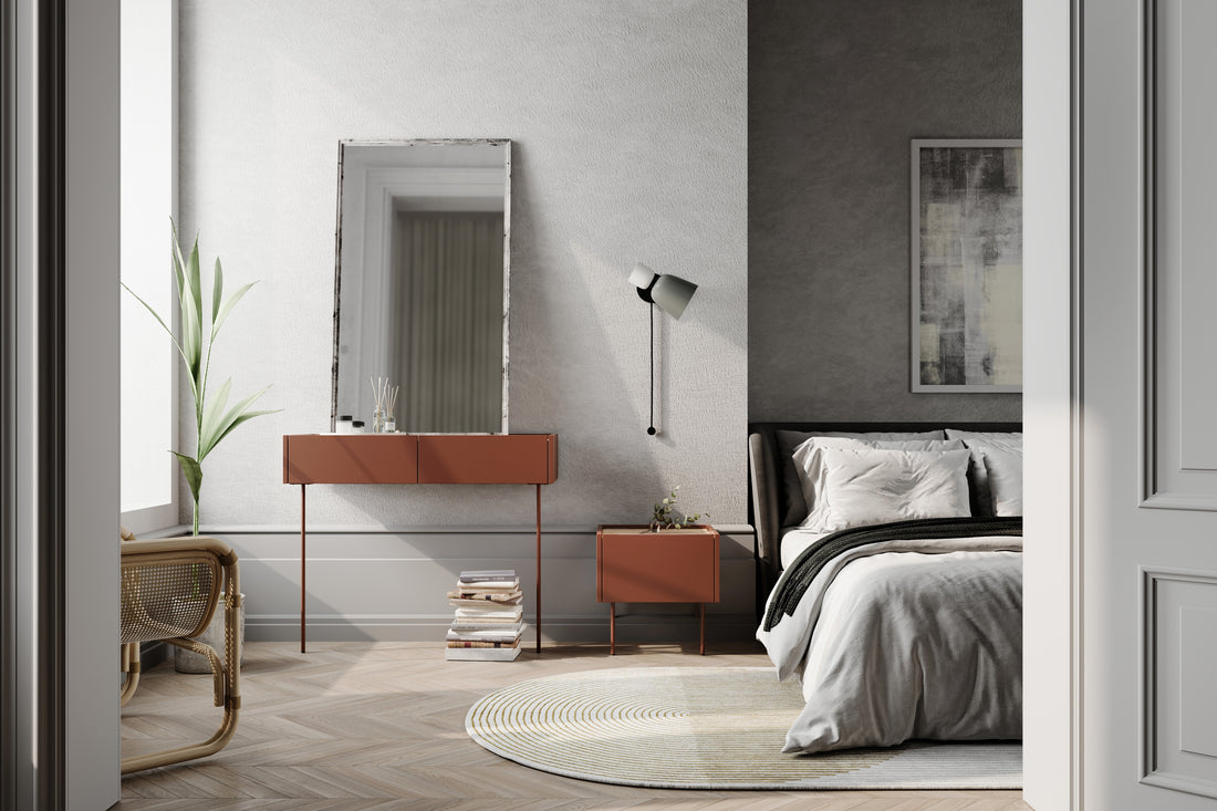 Desin Kaptafel met 2 Lades en Metalen Poten - Modern Design | Kleur: Keramiek Rood / Nagano Eik