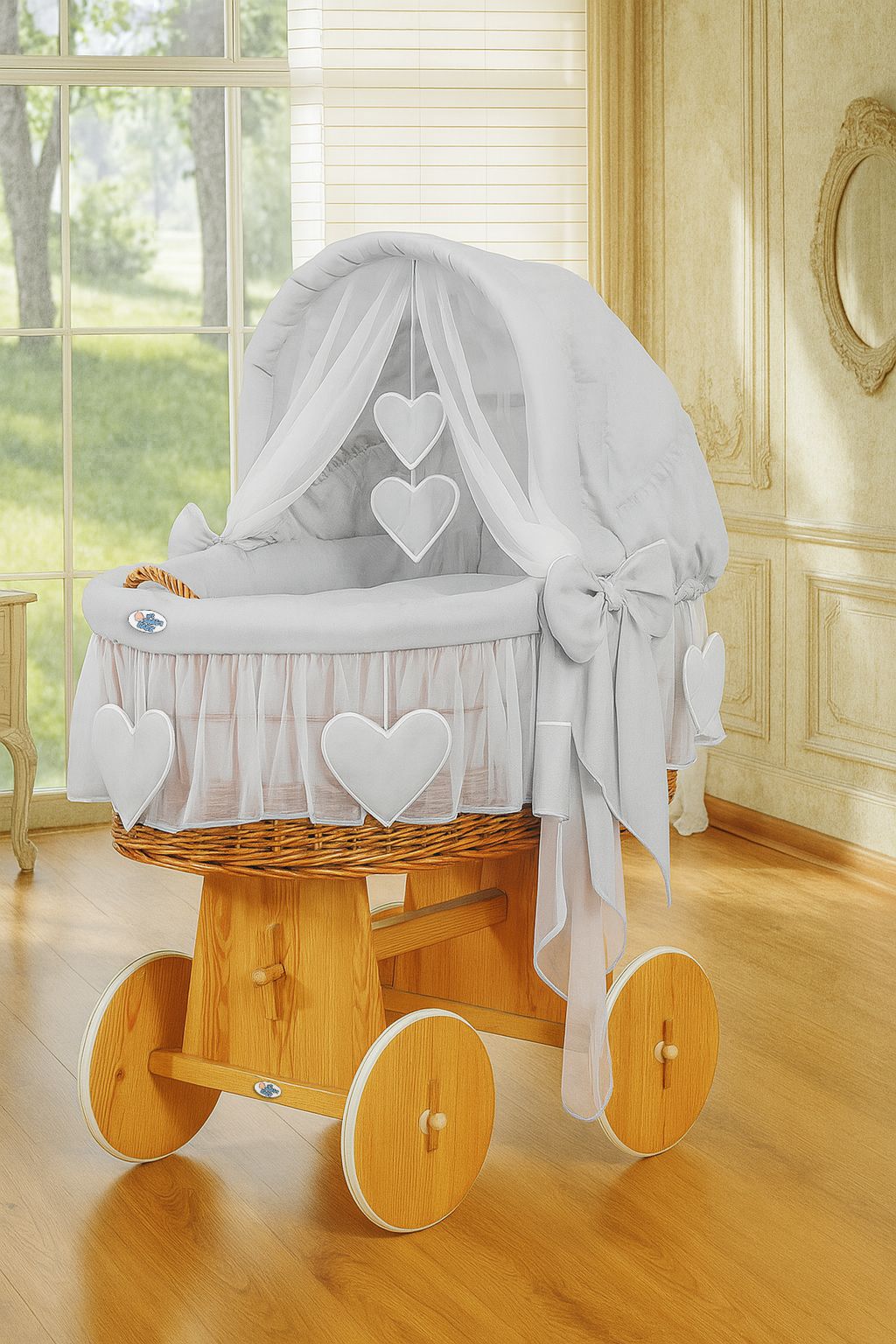 Wicker wieg - handgeweven wiegbak - natuurlijk hout, veilig & ademend beddengoed, met kap