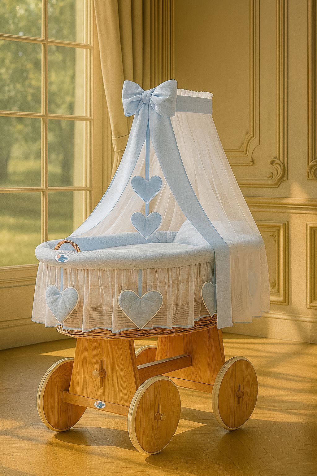 Wicker wiegje met draperie - natuurlijke babymand - lichtgewicht en handgemaakt in EU