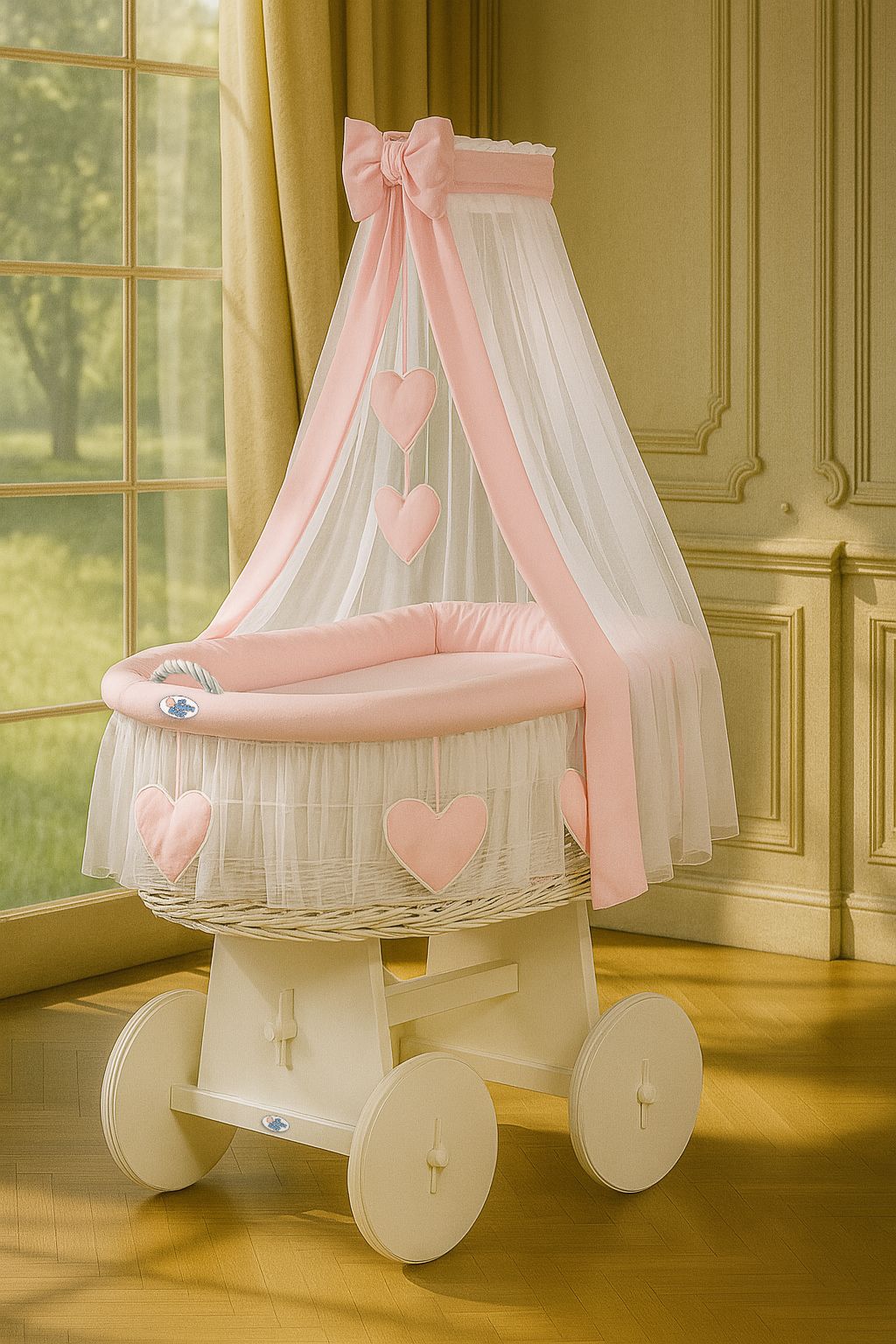 Wicker babywieg, rieten wieg, veilig en comfortabel tot 9 maanden met luxe beddengoed