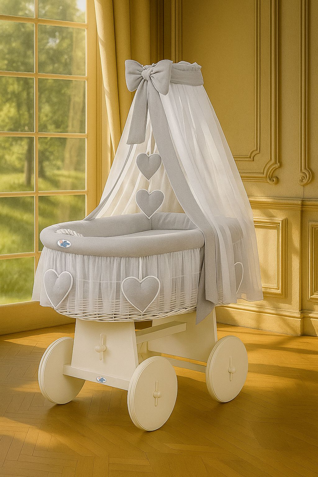 Wicker babywieg met baldakijn – handgevlochten mand, stabiel, ademend & premium matras