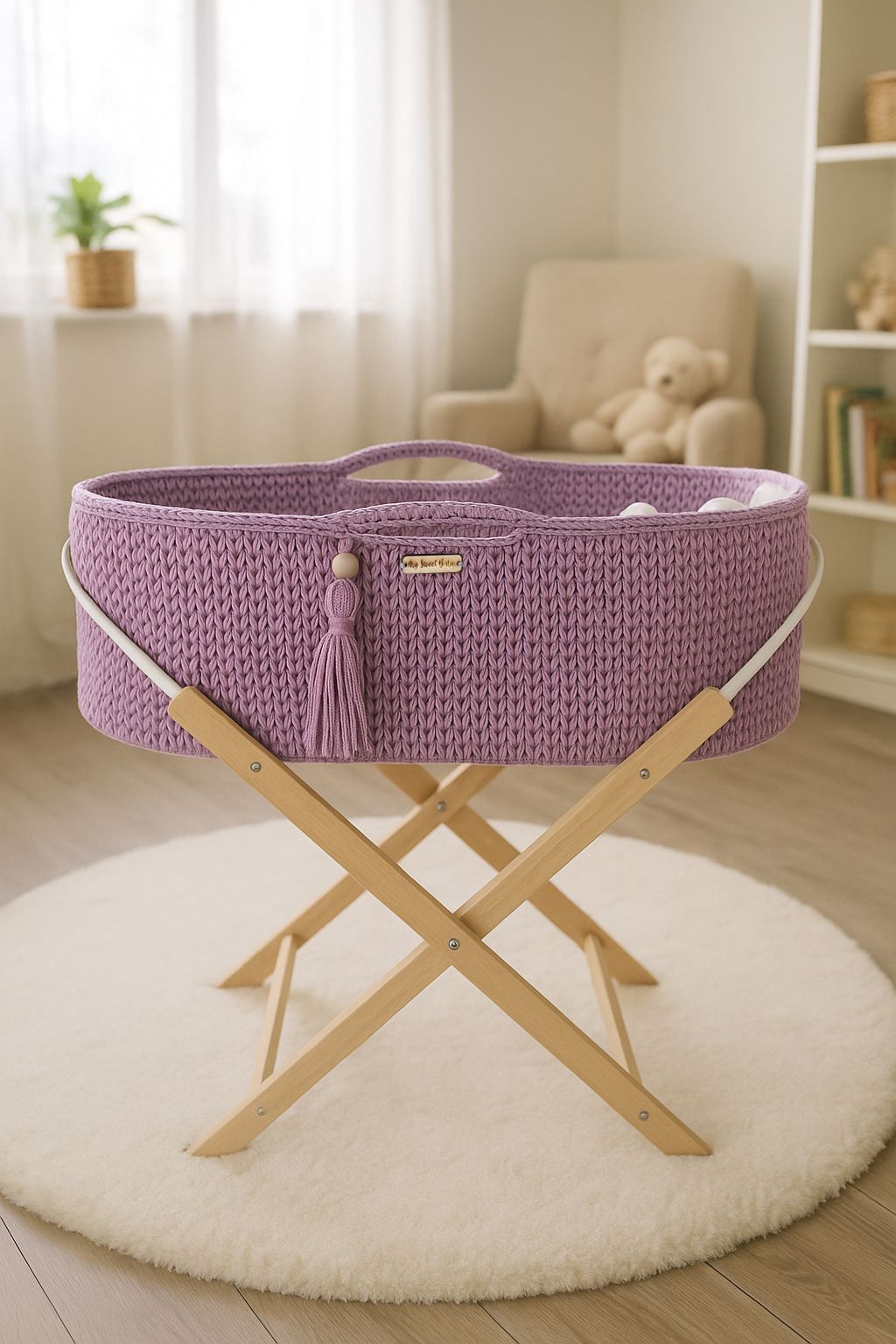 Handgjord boho-korg - spjälsäng - med stativ - antibakteriell madrass - lavendel