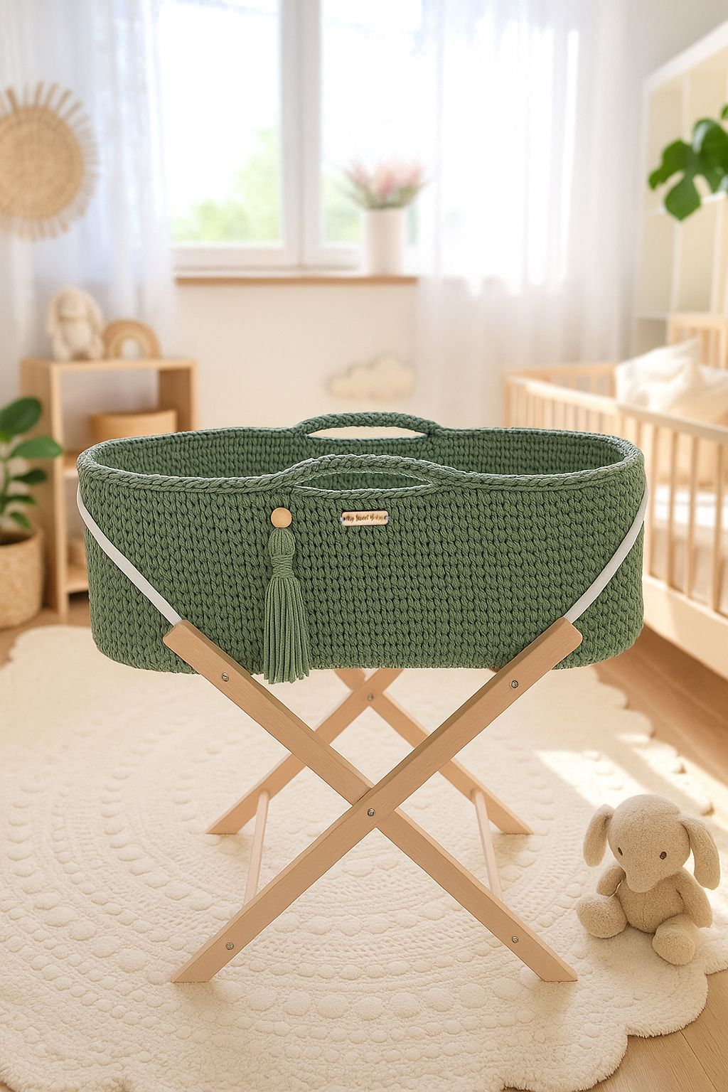 Boho babykorg med stativ - vagga - antibakteriell madrass för optimal hygien