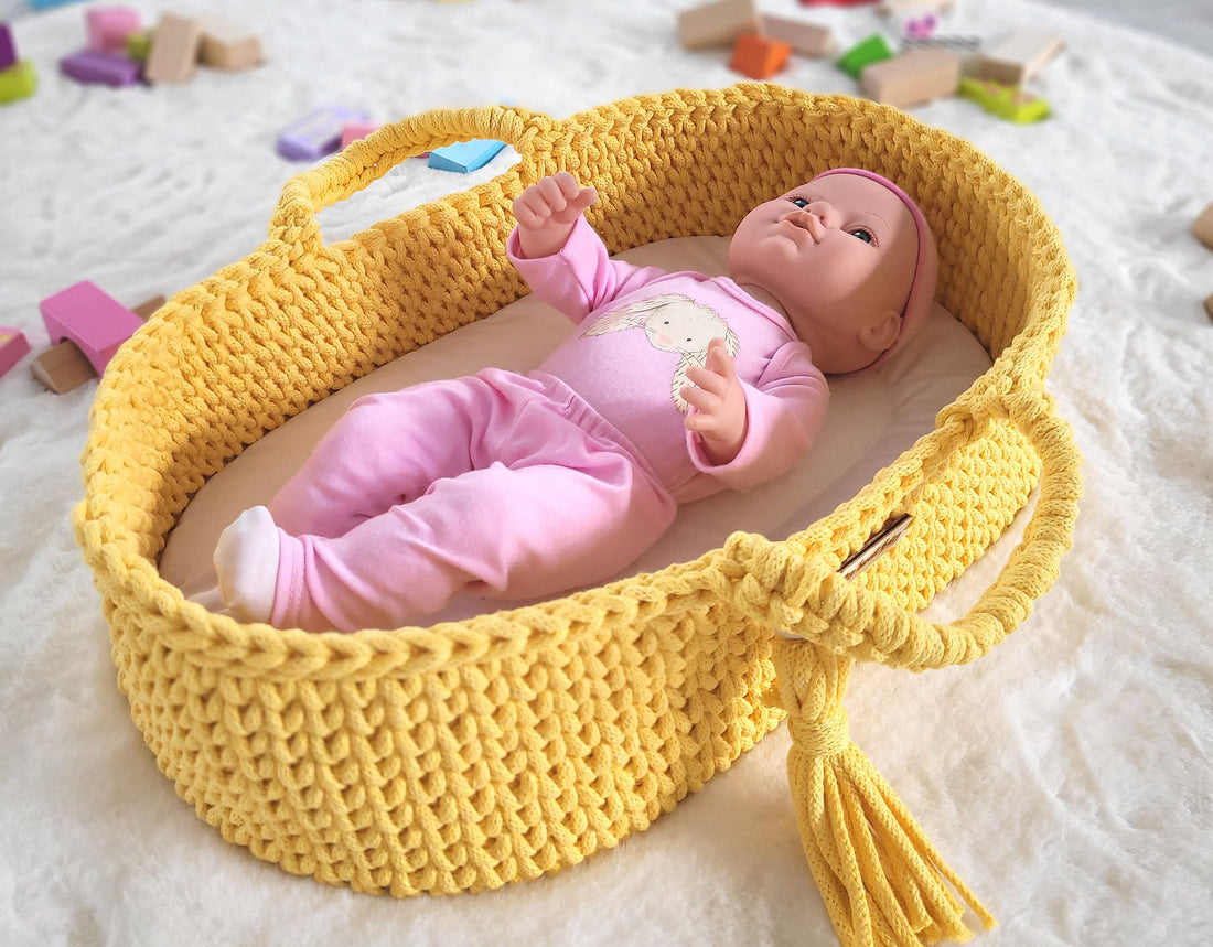 BOHO bomullsdockkorg - dockvagga - handgjord och robust - gul