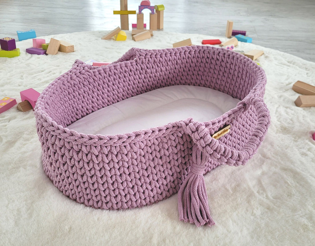 BOHO dockkorg - bomullsbärsele - handgjord och bekväm för dockor, lavendel