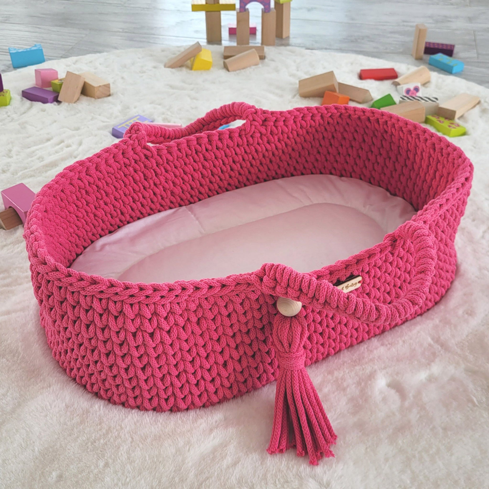 BOHO katoenen poppenmand - poppendrager - handgemaakt & stevig - fuchsia