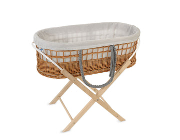 Wicker mand - boho mozesmand - ademend & handgemaakt met standaard en muslin voering, grijs