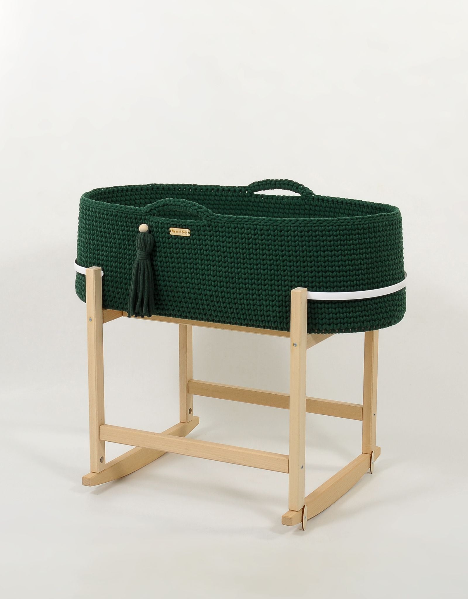 BOHO spjälsängskorg – handgjord spjälsäng – antibakteriell madrass och trägunga ingår