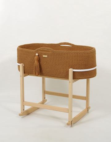 BOHO korg med vagga, vaggset – antibakteriell madrass, handgjord, säker, bomull, bokträ