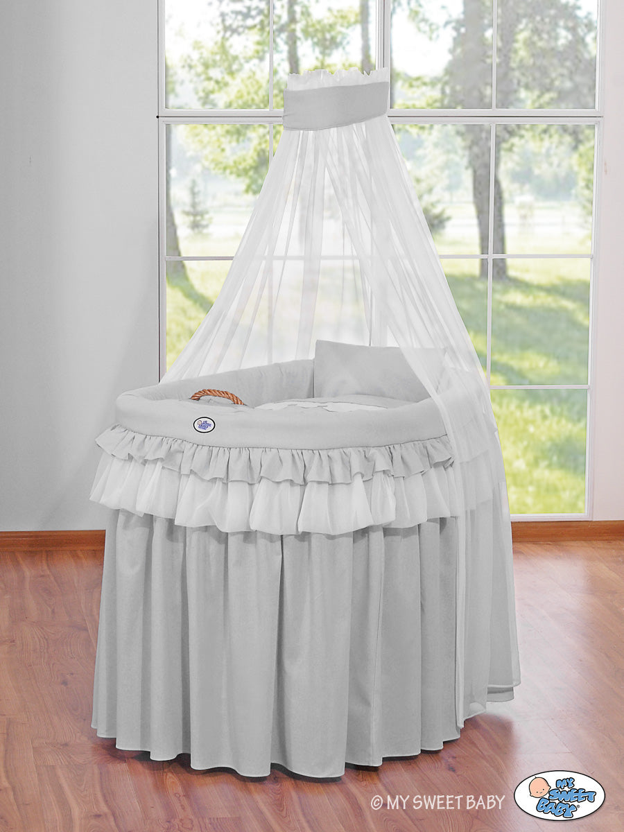 Wicker mandledikantje, rieten wieg, anti-allergisch matras, compleet beddengoed, grijs