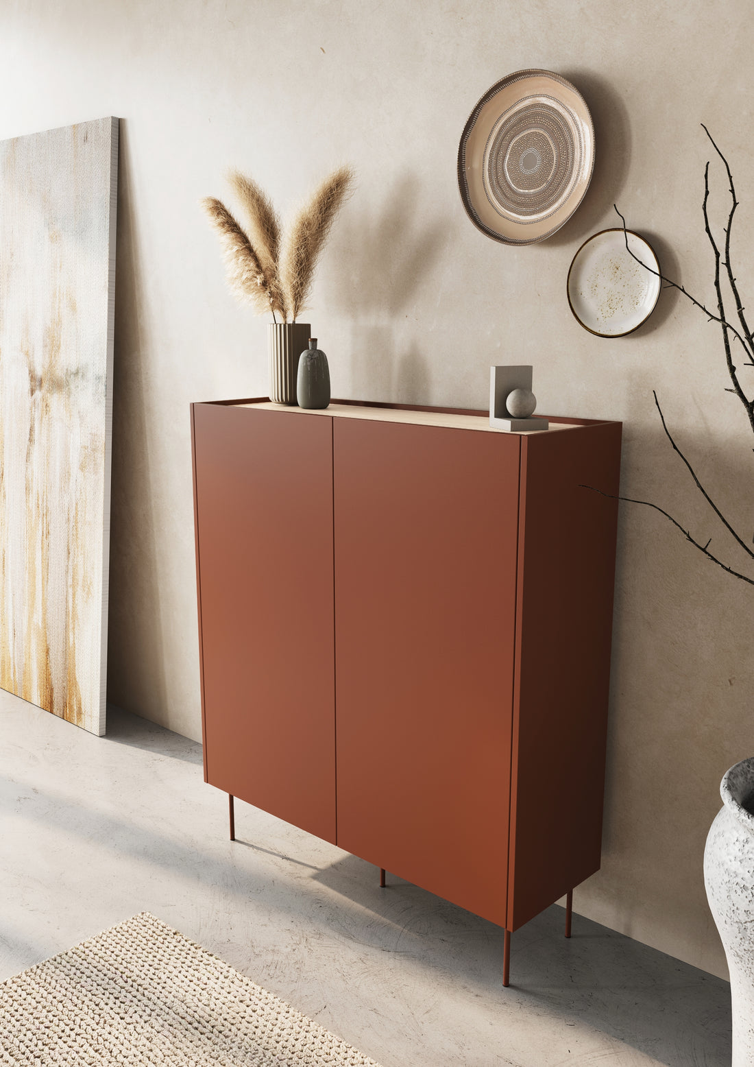 Desin Hoge Ladekast 120 cm - Verborgen Lades en 6 Planken | Kleur: Keramiek rood/Nagano eik