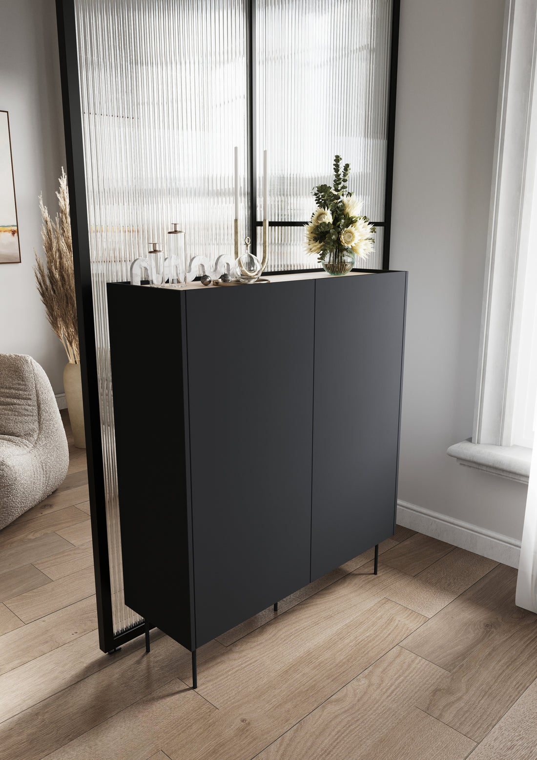 Desin Hoge Ladekast met Verborgen Lades en Metalen Poten | Mat Zwart / Nagano Eik | 120x140x40 cm