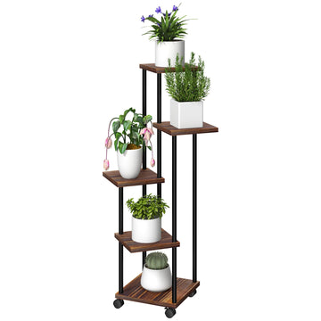 5-laags plantenstandaard met wielen | Kleur: Bruin, zwart | Afmetingen: 59x59x110 cm