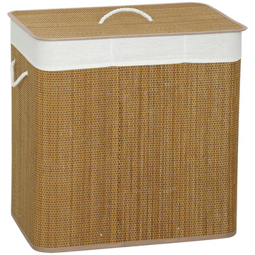 Bamboe wasmand met deksel 3 vakken 144 L | Kleur: Bruin | Afmetingen: 40x60x60 cm