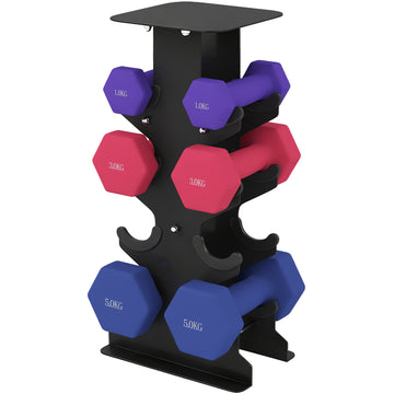 Halterset 3 paar hexagon dumbbells met standaard | Kleur: Violett+Rosa+Blau