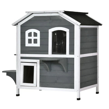 Kattenhuis 2 verdiepingen | Kleur: Grijs en wit | Afmetingen: 55.5x78x91 cm