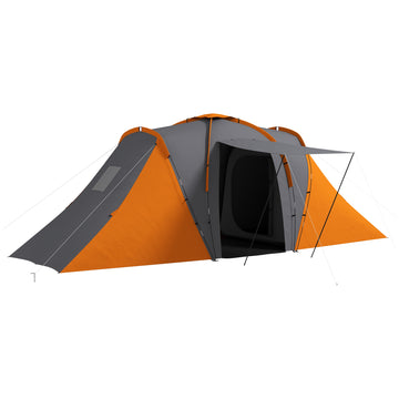 Tunnelkampeertent 4 personen, 2 slaapkamers | Kleur: Grijs+Oranje | Afmetingen: 225x555x190 cm